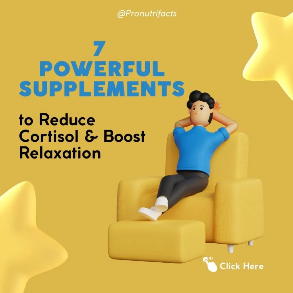 A vibrant yellow background featuring a relaxing 3D cartoon character sitting on a cozy yellow armchair with legs stretched out. The bold title "7 Powerful Supplements to Reduce Cortisol & Boost Relaxation" is displayed at the top, with a "Click Here" icon at the bottom, encouraging engagement.