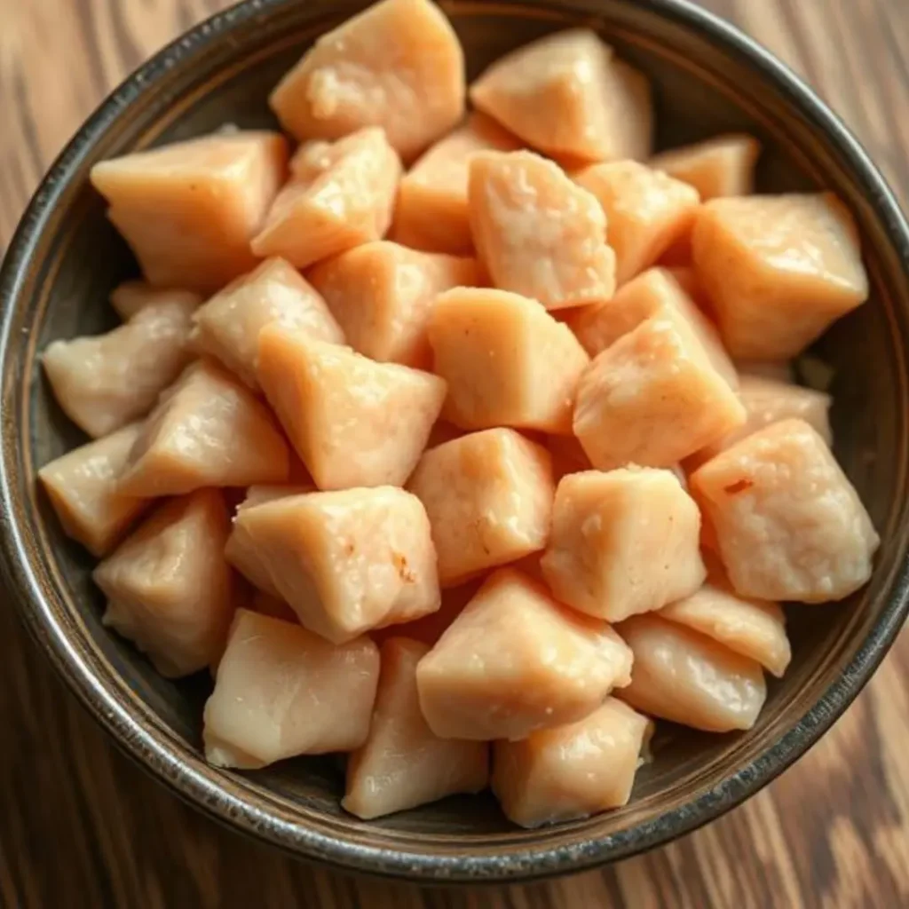 Close-up of a bowl filled with bite-sized boiled chicken cubes, prepared for a dog's meal.