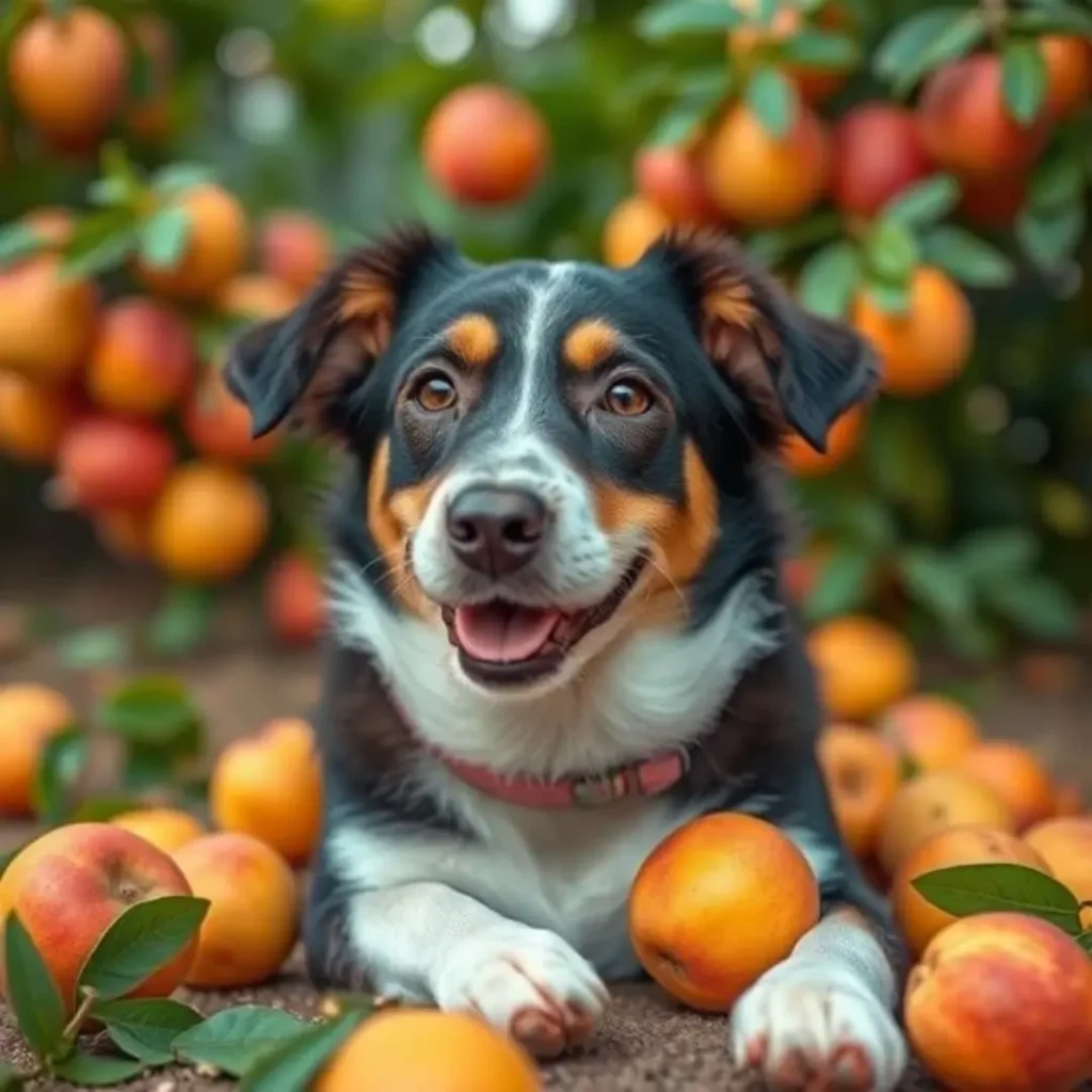 A black and tan dog with a bright expression lying in an orchard filled with nectarines, surrounded by fresh fruit on the ground.