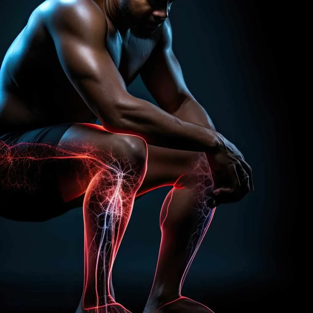 A muscular man sitting on a bench with a digital illustration highlighting his leg veins and nerves in red, representing the effects of potassium deficiency on muscle function and circulation.