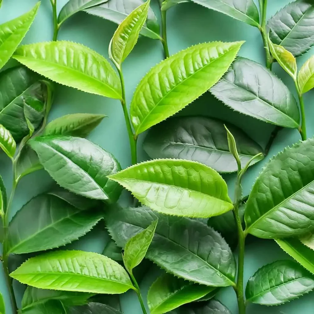 A close-up of fresh, vibrant green tea leaves arranged neatly, showcasing their rich color and natural texture.