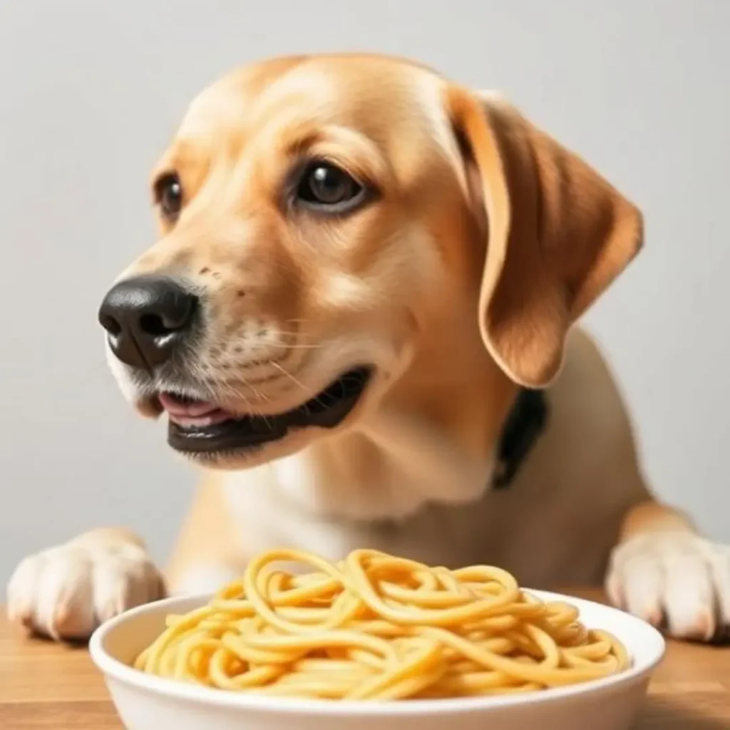 A golden retriever gazes at a bowl of spaghetti, looking curious about whether it's safe to eat.