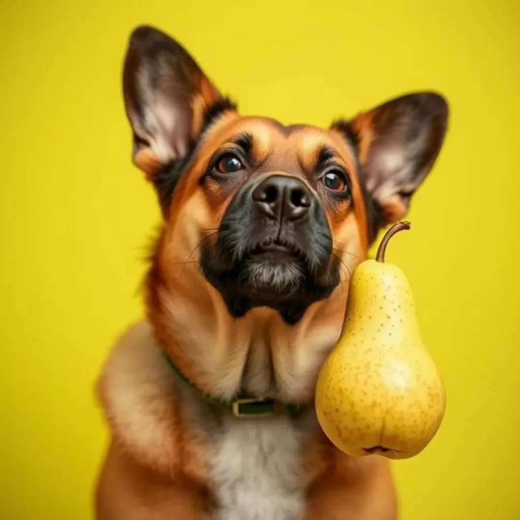 A German Shepherd mix dog looking up while holding a ripe pear near its mouth against a bright yellow background. The image emphasizes curiosity about whether dogs can safely eat pears.

