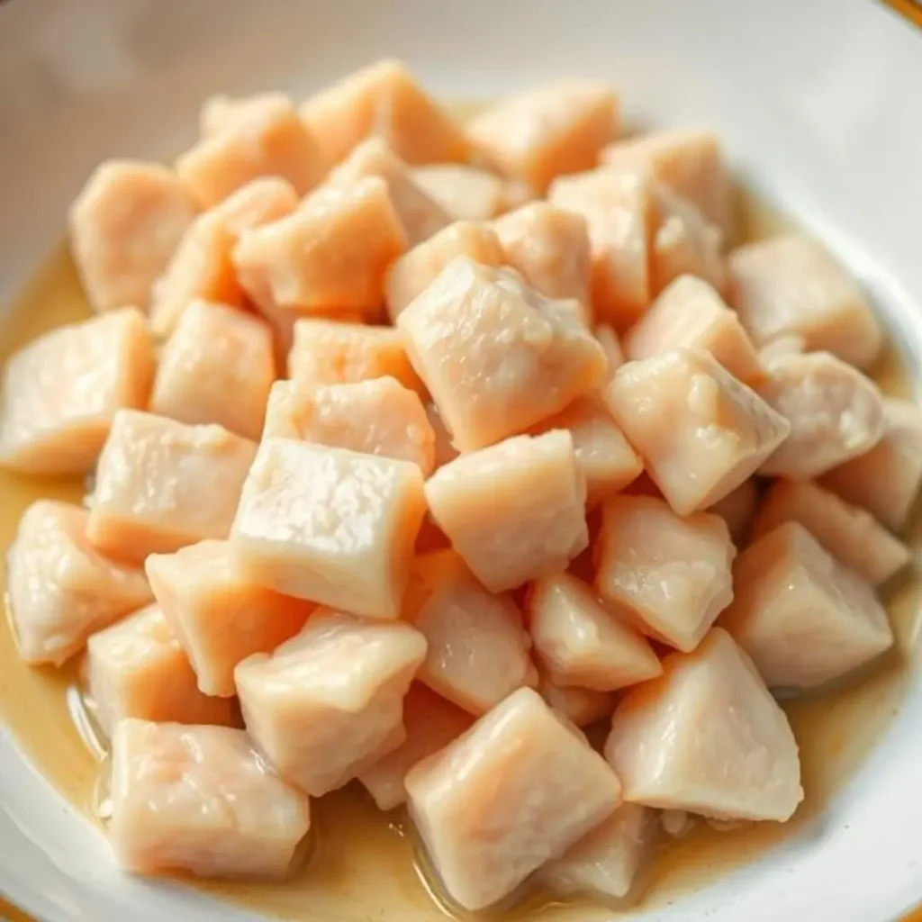 A plate of tender, boiled chicken pieces, slightly moist, ready to be served to a pet.