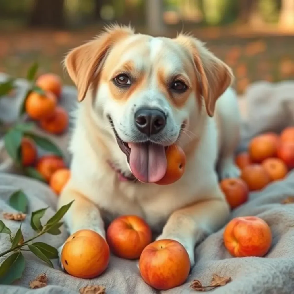 A cheerful light brown dog with a nectarine in its mouth, sitting on a cozy blanket with nectarines scattered around.