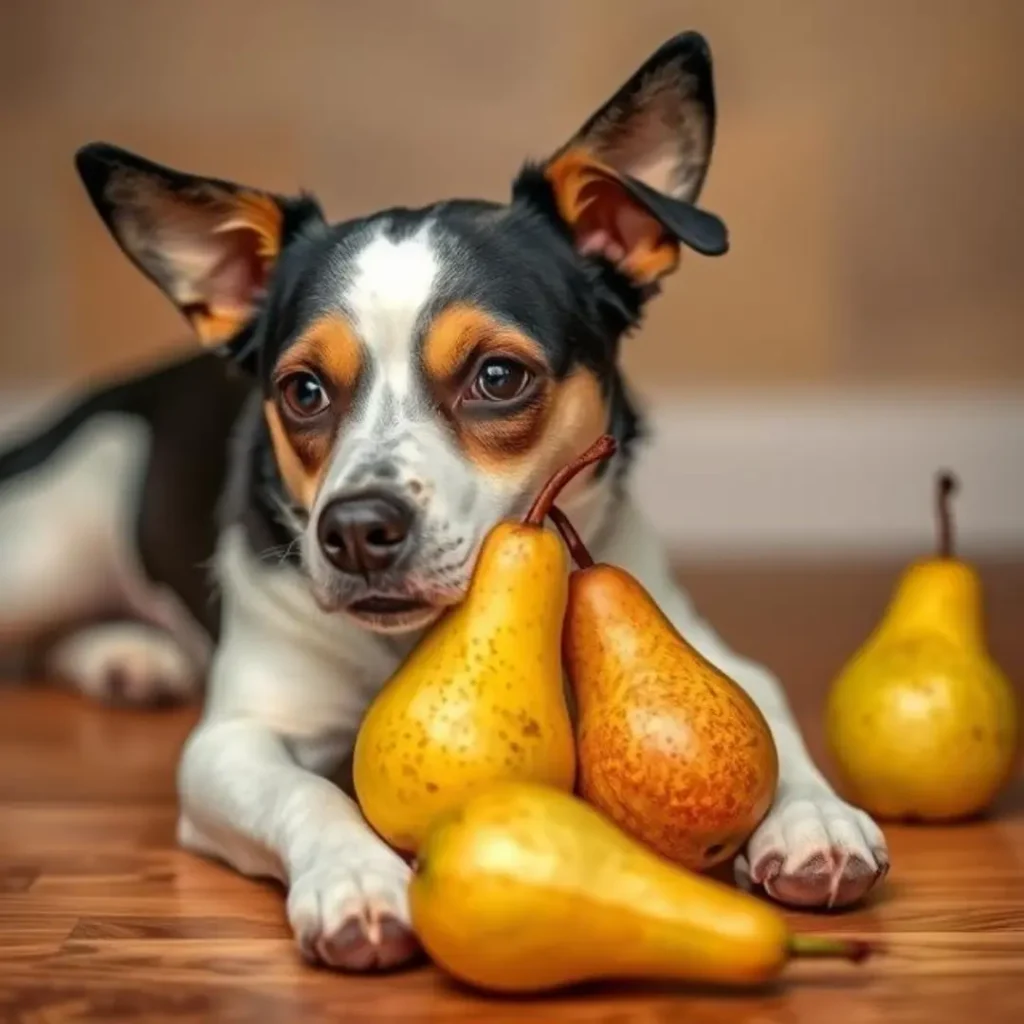 A small black, white, and tan dog lying on a wooden floor, surrounded by fresh yellow pears. The dog looks curious, adding to the question of whether pears are a healthy snack for pets.