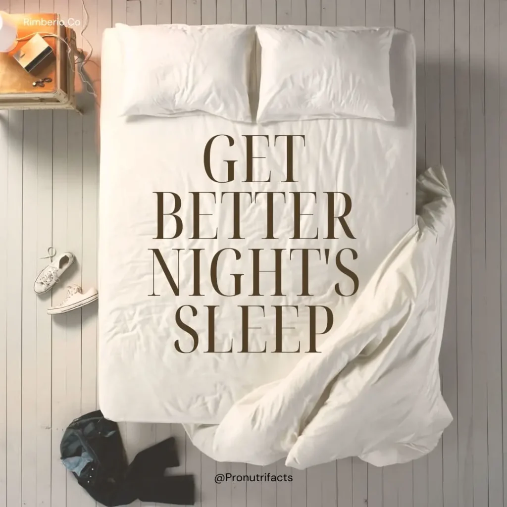 A neatly made white bed with soft pillows and a cozy blanket, creating a serene atmosphere. The large text "Get Better Night's Sleep" is overlaid in a sophisticated font, promoting relaxation and improved sleep quality.