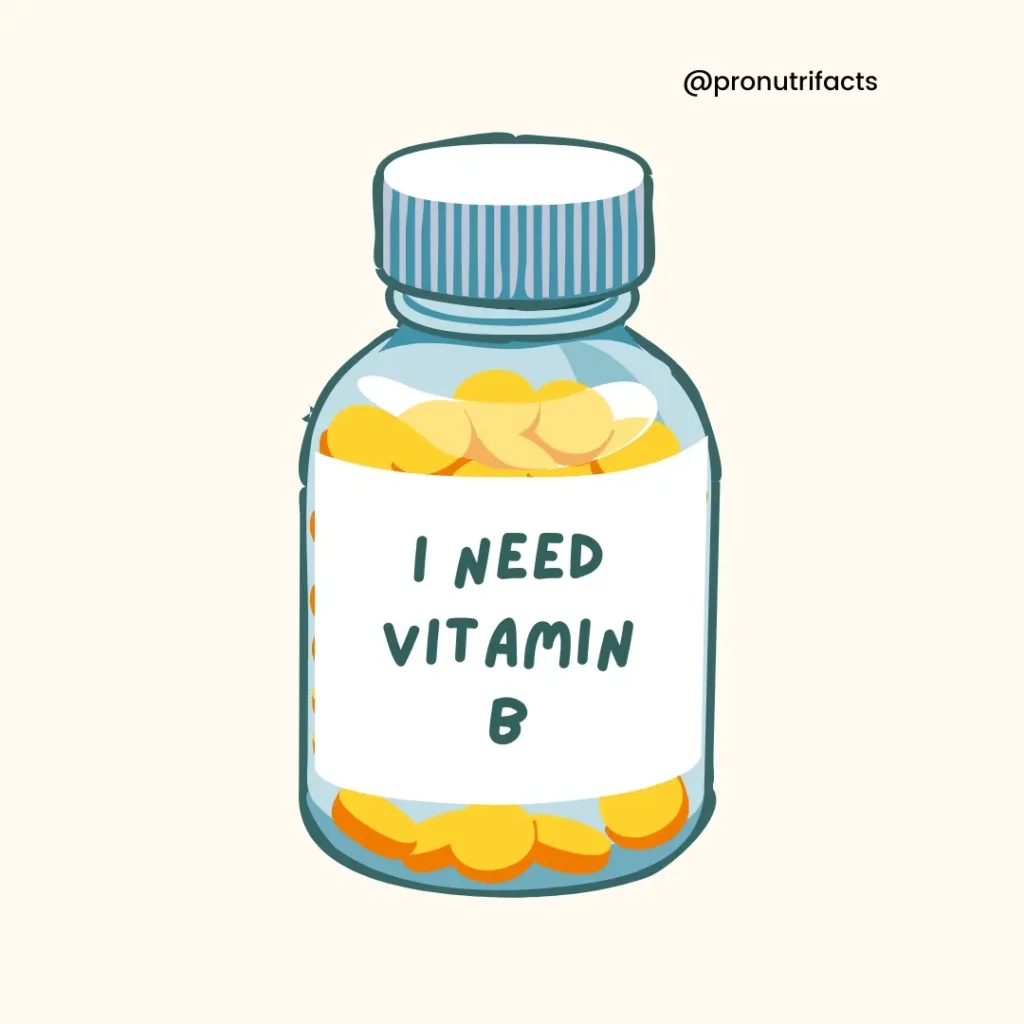 A simple illustration of a transparent bottle filled with yellow pills labeled "I NEED VITAMIN B," representing the importance of Vitamin B supplementation. @pronutrifacts.